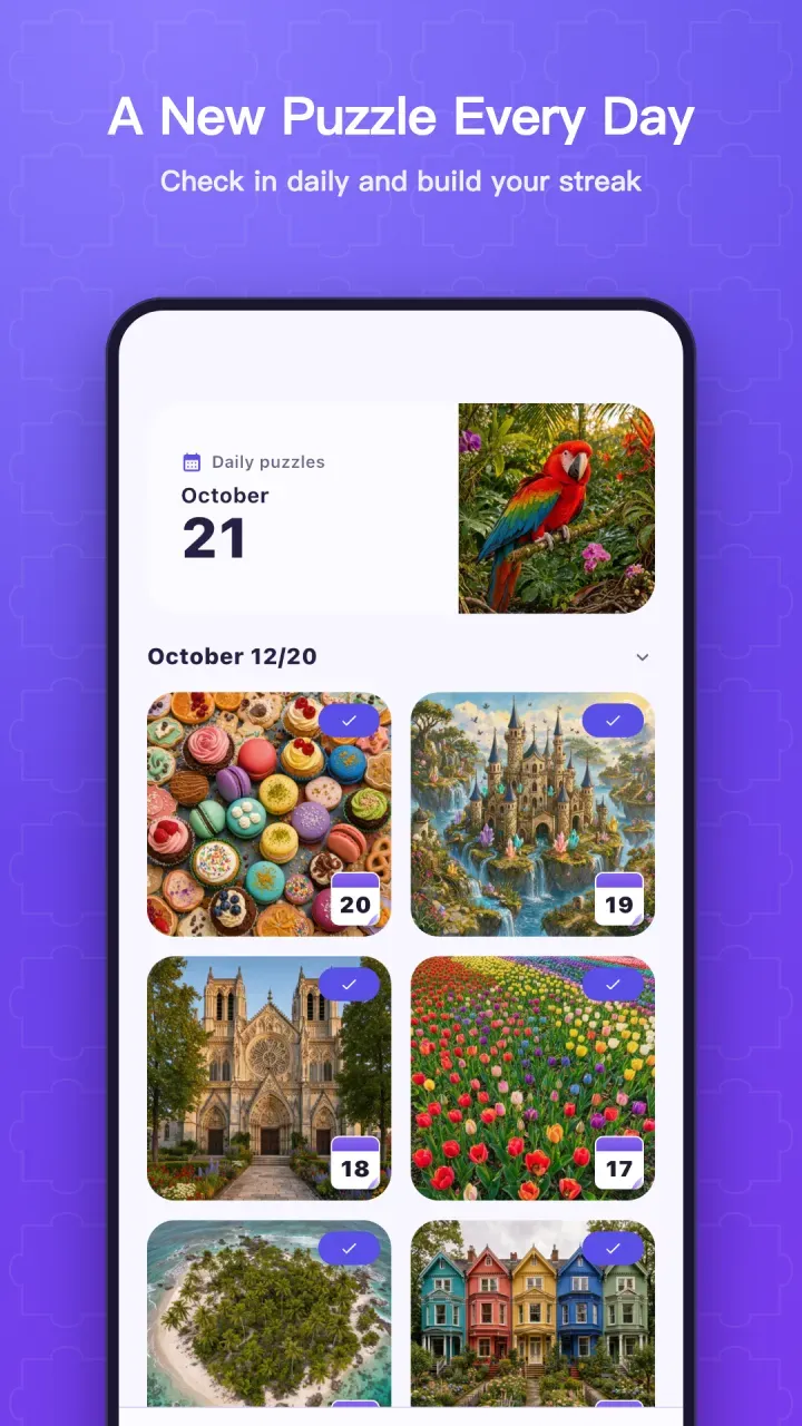 Daily puzzle calendar with streak check-ins