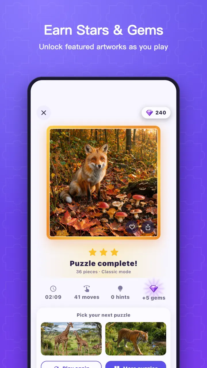 Puzzle complete with stars and gem rewards
