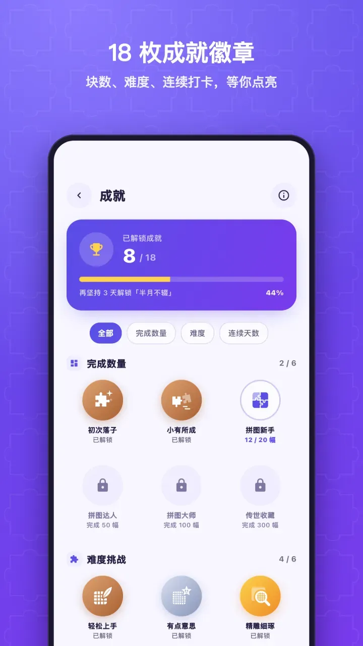 成就页面，18 枚徽章等你收集