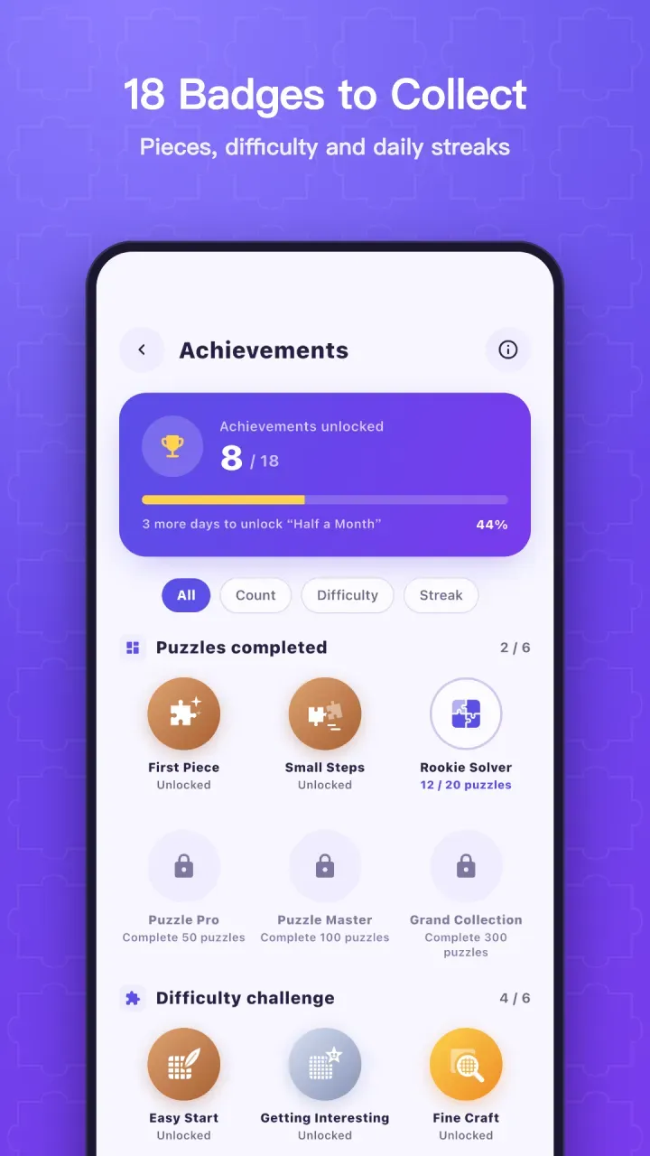 Achievements screen with 18 badges to collect